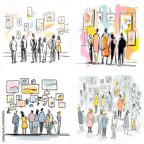 Creative sketch of people visiting an art gallery, viewing modern and abstract paintings, ideal for art exhibition, culture, and creative event concepts.


