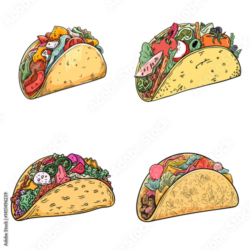 Hand-drawn illustration set of vibrant tacos filled with fresh ingredients, perfect for Mexican food themes and street food promotions.

