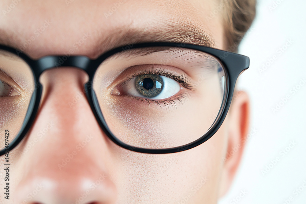 Close-up of a man wearing glasses on a white background, a man wearing glasses looks up Close-up of a man wearing glasses on a white background, a man wearing glasses looks up