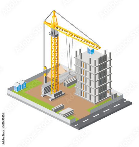 Construction site with crane and skyscraper. Process of building multi-storey building. Industrial technology. Isometric monolithic frame building and tower crane.