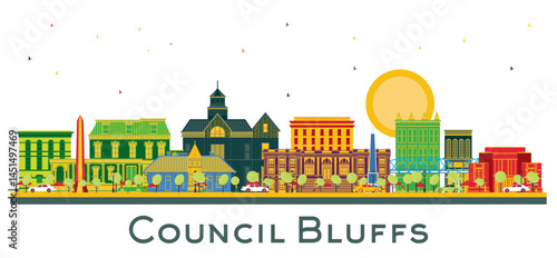 Council Bluffs Iowa Skyline with Color Buildings isolated on white. Business Travel and Tourism concept with Historic Architecture.