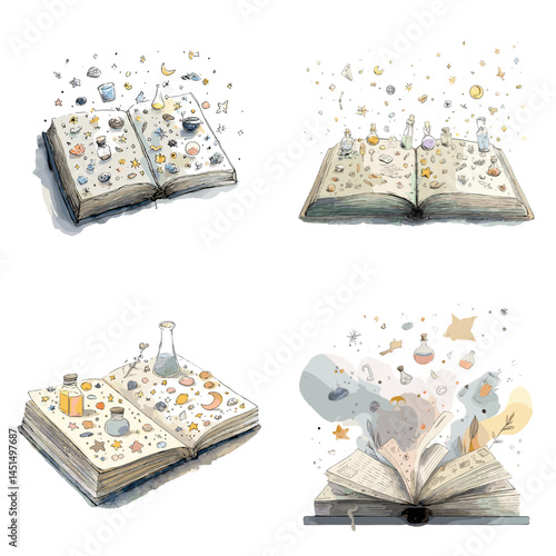 Watercolor illustration of magical open books with potions, stars, and mystical elements. Perfect for fantasy storytelling, spellbook designs, or educational themes.

