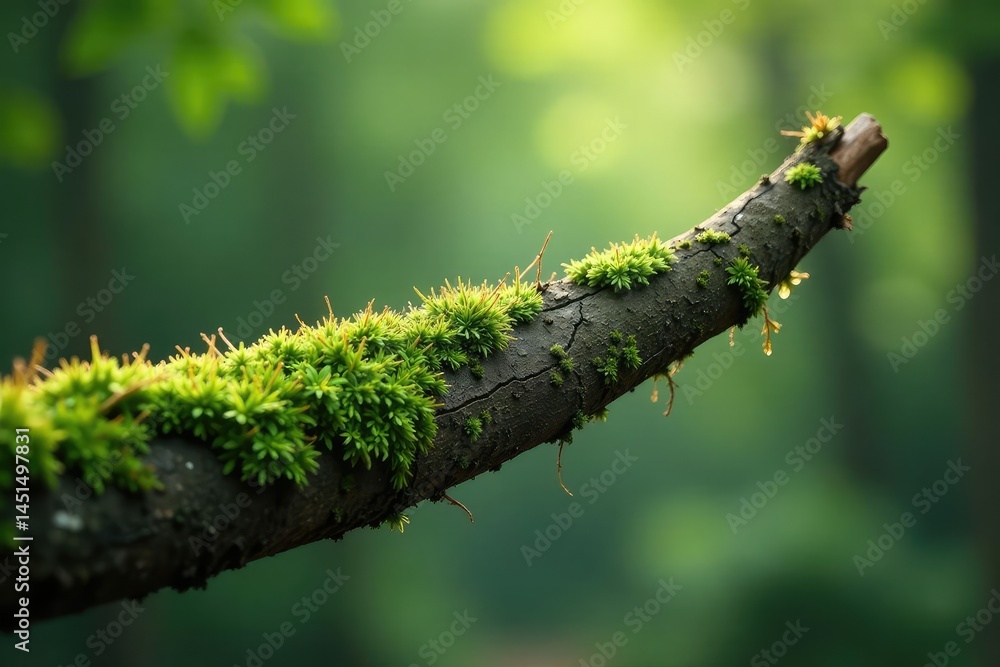 Naklejka premium A single tree branch with moss and lichen growing on it, woody, green
