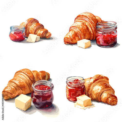 Watercolor illustration of croissants served with glass jars of strawberry jam and butter cubes. Perfect for breakfast menus, bakery branding, or French food artwork.

