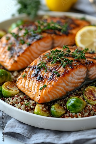 Salmon with Quinoa and Brussels Sprouts: A close-up of a savory salmon fillet, perfectly seared and glistening with glaze, served on a bed of fluffy quinoa and roasted Brussels sprouts.
