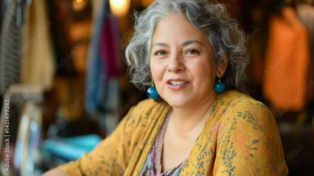 Portrait of a happy mature artisan posing with crossed arms in her craft store full of traditional handmade products Portrait of a happy mature artisan posing with crossed arms in her craft store full of traditional handmade products