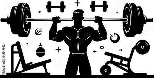 Dynamic Vector of Bodybuilder in Deep Squat with Barbell