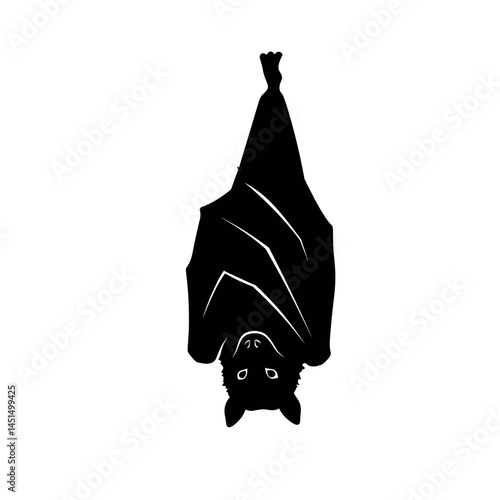 Bat hanging upside down in a minimalist black silhouette  