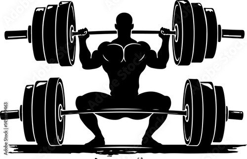 Dynamic Vector of Bodybuilder in Deep Squat with Barbell
