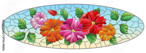 Illustration in stained glass style with abstract intertwined bright flowers and leaves on blue background