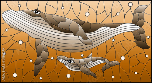 An illustration in the style of a stained glass window with blue whales on a background of water and air bubbles, tone brown