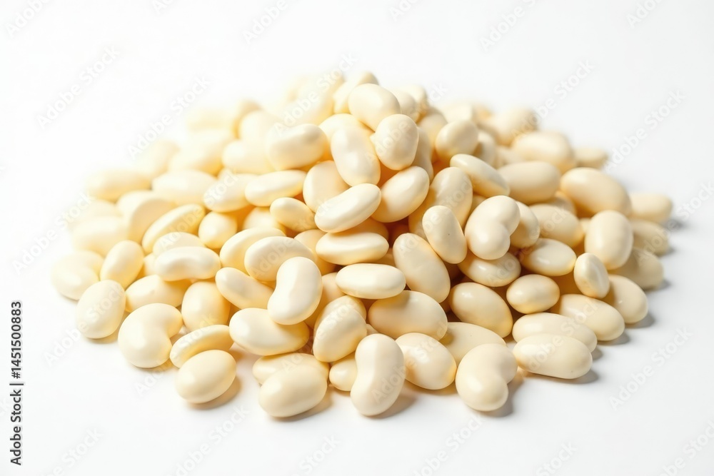 Pile of white beans against a stark white backdrop, background, closeup, cooking Pile of white beans against a stark white backdrop, background, closeup, cooking