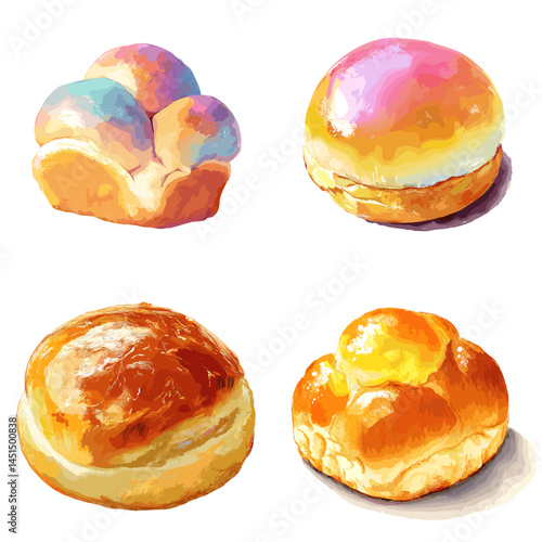 Assorted sweet bread and rolls including rainbow and golden brioche, illustrated in watercolor style, ideal for bakery branding, dessert visuals, and food packaging.

