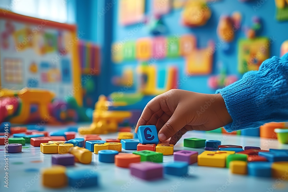 Fototapeta premium Playtime Puzzle: An intimate shot of a child's hand arranging colorful wooden blocks in a vibrant playroom, a testament to exploration, education, and the wonders of early childhood.