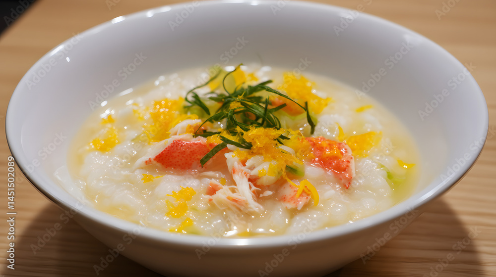 Comforting Japanese Crab Rice Porridge Served in a White Bowl with Fresh Garnish and Vibrant Colors Comforting Japanese Crab Rice Porridge Served in a White Bowl with Fresh Garnish and Vibrant Colors