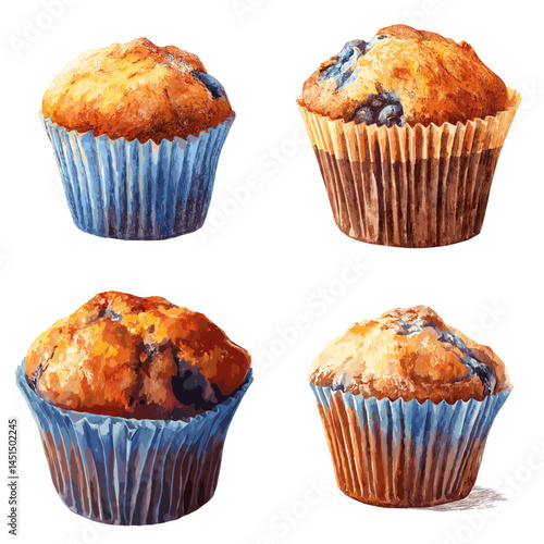 Blueberry muffins with golden tops in pastel wrappers, illustrated in watercolor style, perfect for bakery branding, dessert visuals, and snack illustrations.

