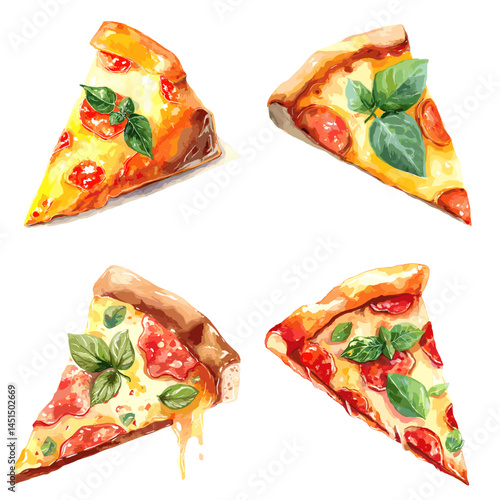 Slices of pizza with melting cheese and basil leaves, illustrated in watercolor style, perfect for Italian food visuals, menu designs, and fast food promotions.

