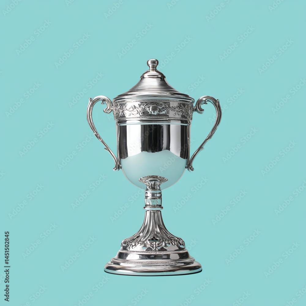 Silver trophy on teal background, symbolizing achievement and success. Silver trophy on teal background, symbolizing achievement and success.