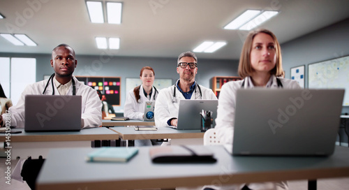 Medical Students Learn From Diverse Professor In University Classroom Setting