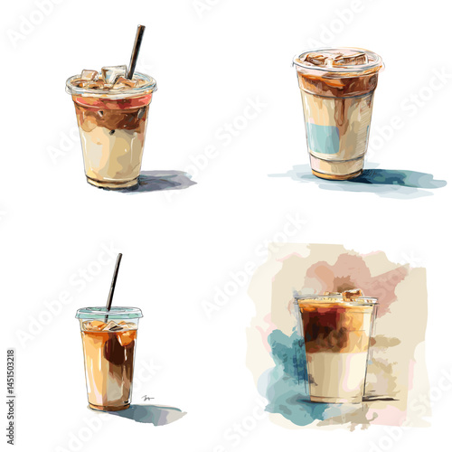 Iced coffee in clear plastic cups, watercolor illustration style, perfect for cafe menus, morning routines, and beverage-themed visuals.

