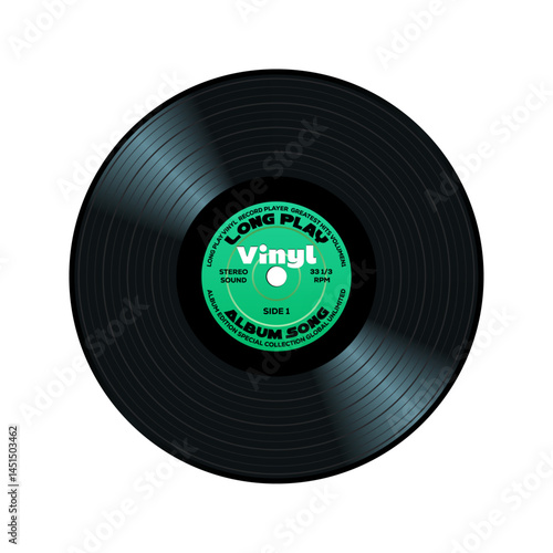 Long play vinyl record with green paper label isolated on white background.