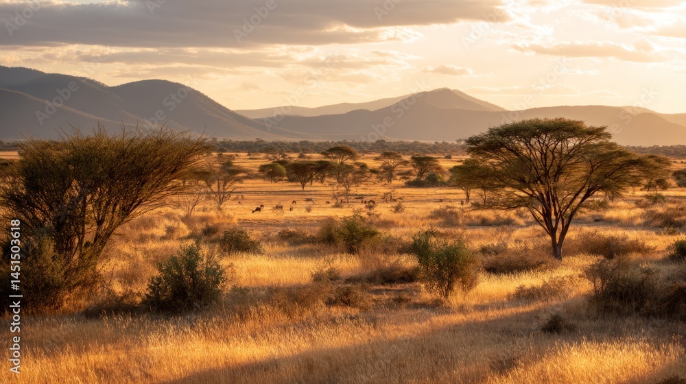 Fototapeta premium Golden Hour in the African Savanna: A Serene Sunset Landscape