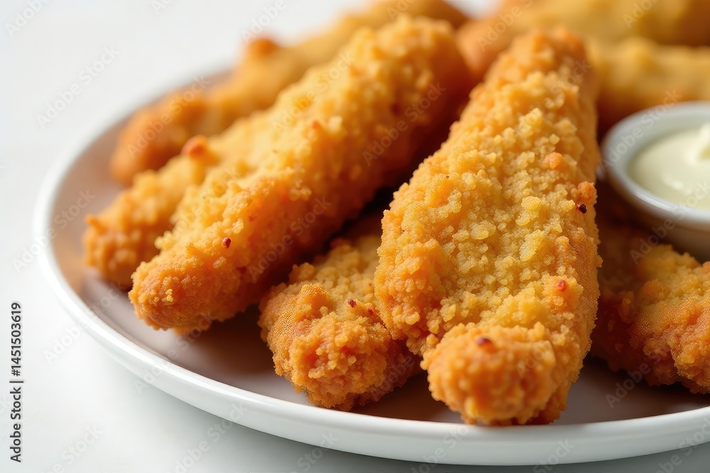 Close-up of crispy fried chicken strips on white , menu, golden, chicken Close-up of crispy fried chicken strips on white , menu, golden, chicken