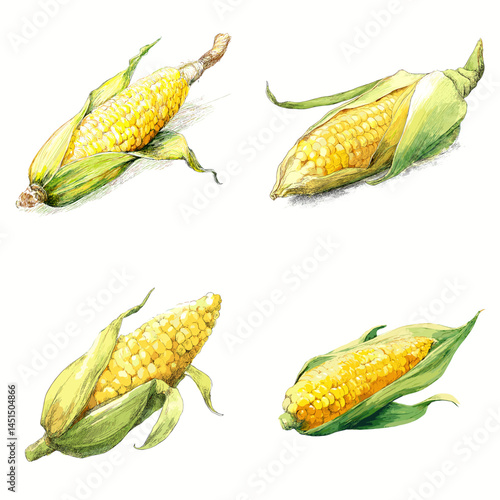 Yellow corn cobs with husk in a natural watercolor style, isolated on white, ideal for farm produce designs, organic food visuals, and botanical illustrations.

