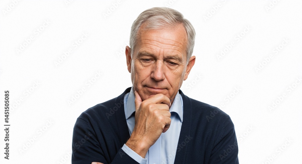 Portrait of a thoughtful older man with hand on chin against a bright white background studio shot Portrait of a thoughtful older man with hand on chin against a bright white background studio shot