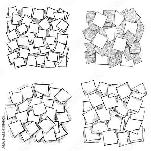 Hand-drawn sketch of scattered sticky notes, black and white line art style, great for office illustrations, planning themes, or stationery design.

