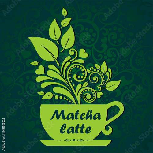 Cup of matcha latte. Restaurant menu.  Vector illustration.