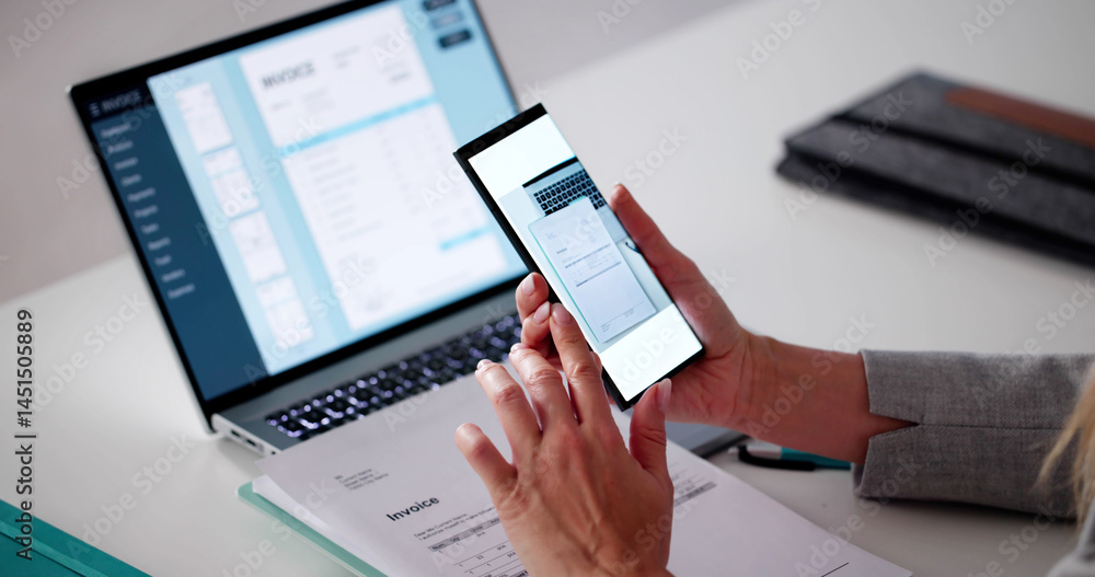 Young Woman Capturing Trade Invoice With Mobile Phone Camera Young Woman Capturing Trade Invoice With Mobile Phone Camera