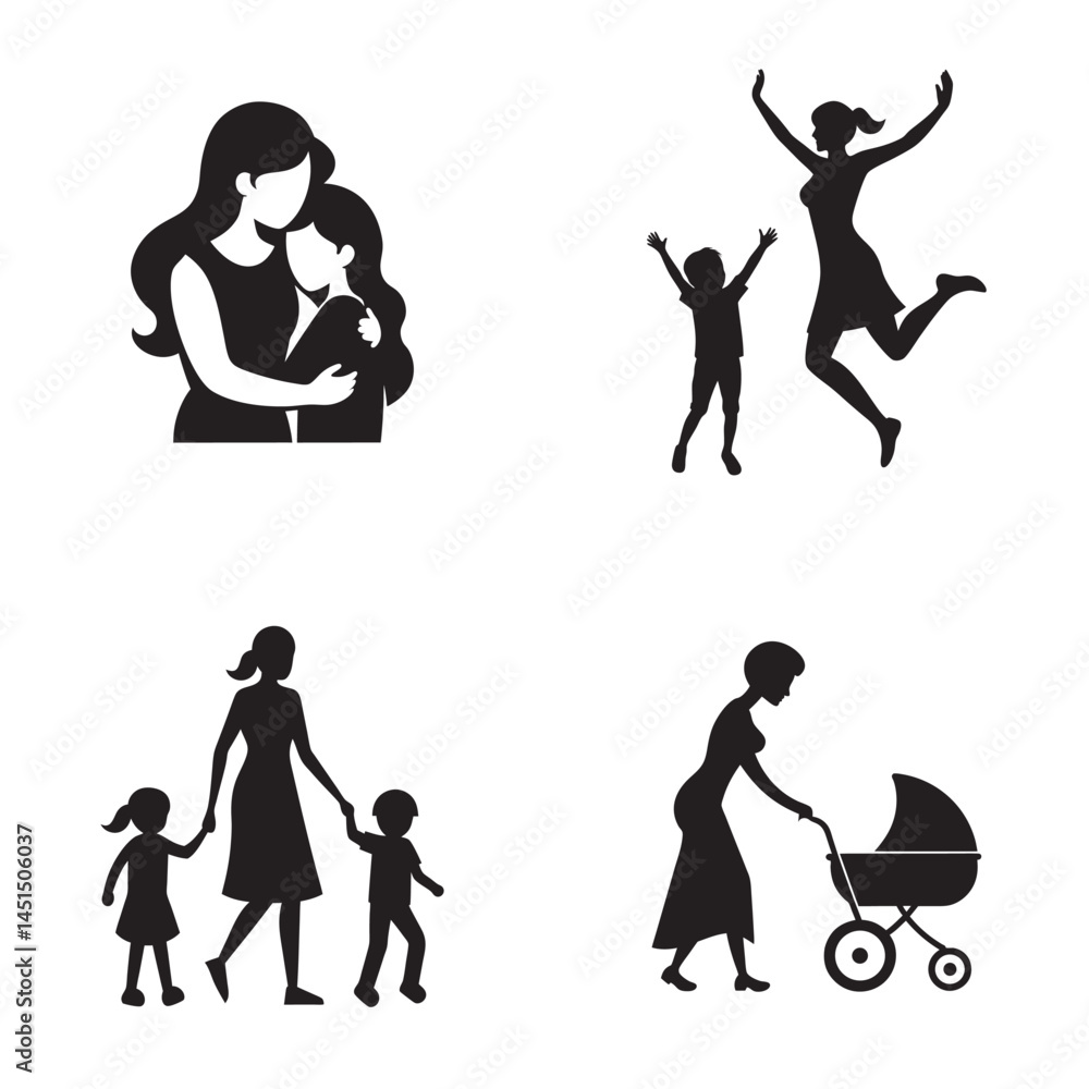 Obraz premium Mother Walking, Jumping, Sitting, Tying Shoes Silhouettes
