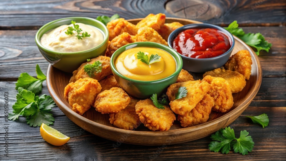 Golden crispy chicken nuggets submerged in a bowl of creamy sauce surrounded by colorful dipping sauces, food Golden crispy chicken nuggets submerged in a bowl of creamy sauce surrounded by colorful dipping sauces, food
