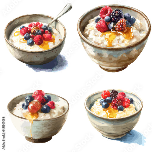 Warm oatmeal bowls topped with fresh berries and honey, illustrated in soft watercolor style, great for breakfast content, health blogs, and recipe visuals.

