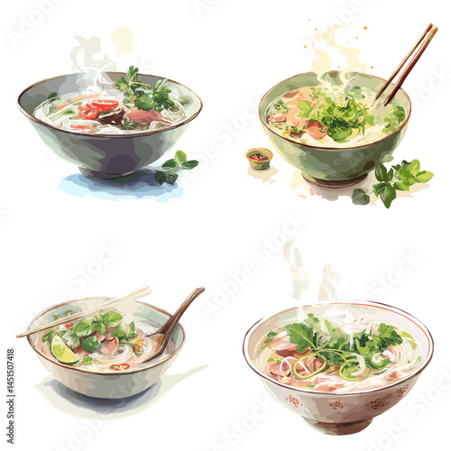 Steaming bowls of traditional Vietnamese pho soup in watercolor style, ideal for Asian cuisine illustrations, restaurant menus, or food blog visuals.

