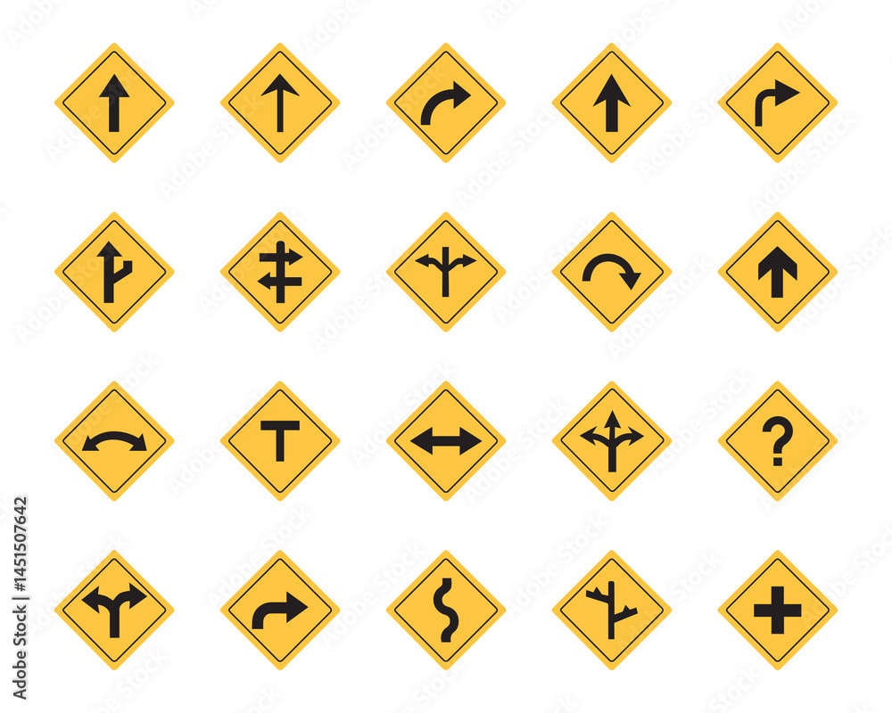 Road direction and warning sign icons set Road direction and warning sign icons set