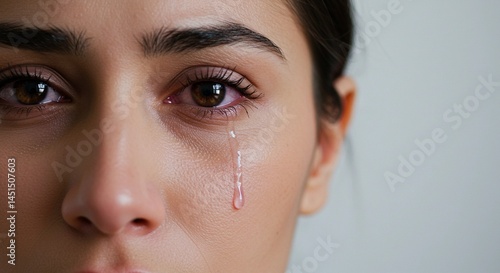 Close up of a woman's face with a tear rolling down her cheek showing emotion and sensitivity