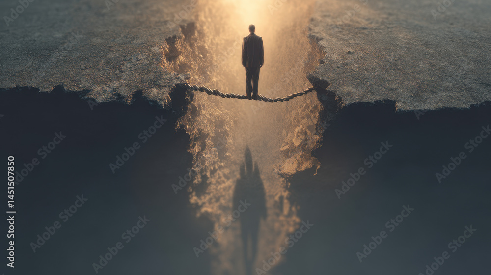 Person on a tightrope above a chasm experiences inner turmoil portrayed by distorted shadows below