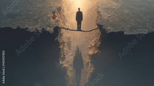Obraz na płótnie Person on a tightrope above a chasm experiences inner turmoil portrayed by distorted shadows below w salonie