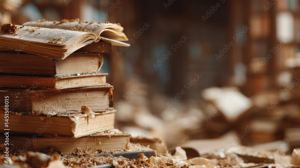 Manipulation of information displayed through a pile of torn and rewritten books in a neglected library