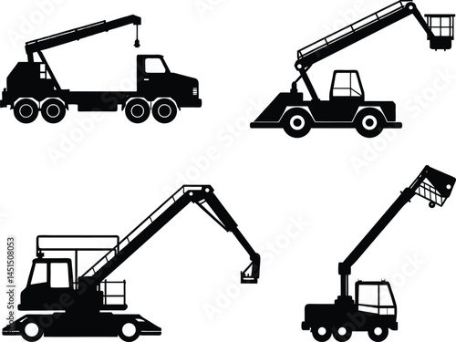 bucket truck vector, truck icon, boom truck with basket black silhouette, vector set.
