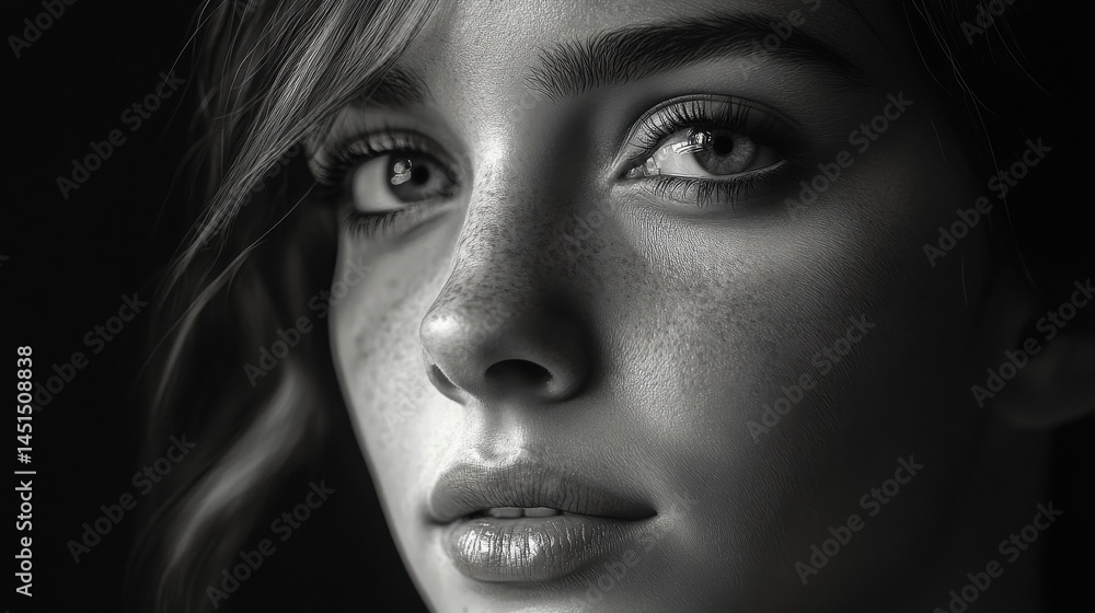 Fototapeta premium Intense black and white portrait of a young woman showcasing striking features and deep gaze in soft lighting
