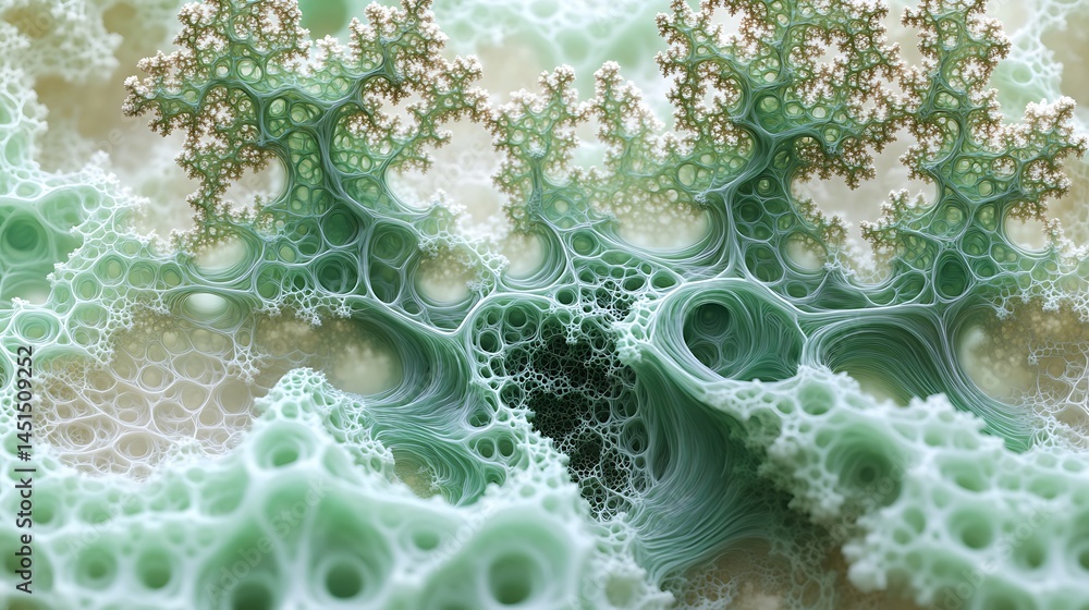 Naklejka premium Abstract Vegetal Realm: An artistic display of intricate fractal patterns and biomorphic forms, a macro-level image of the vegetable world offers a unique perspective.