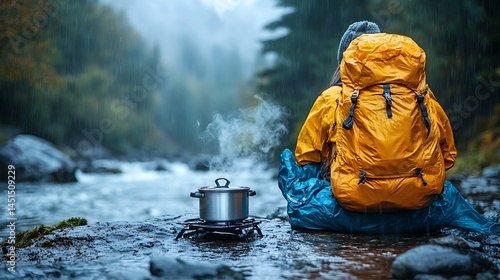 Backpacking in Nature: The image depicts a serene backpacking experience alongside a river, with an open camping stove preparing food.