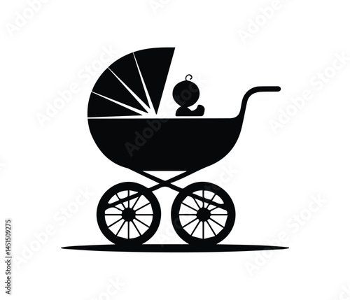 Simple black and white silhouette of a vintage baby stroller.