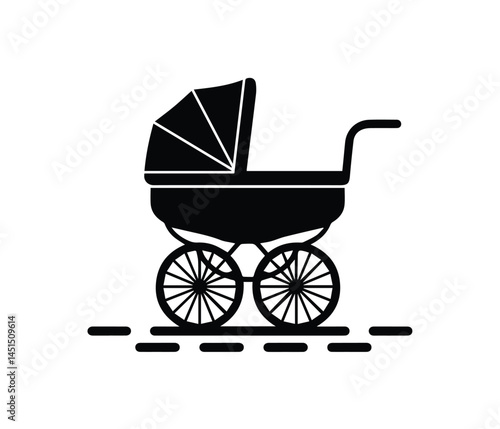 Simple black and white silhouette of a vintage baby stroller.