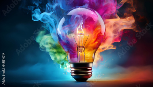 A glowing lightbulb surrounded by vivid swirls of colored smoke symbolizes creativity, imagination, and inspiration. The image fuses art with innovation.