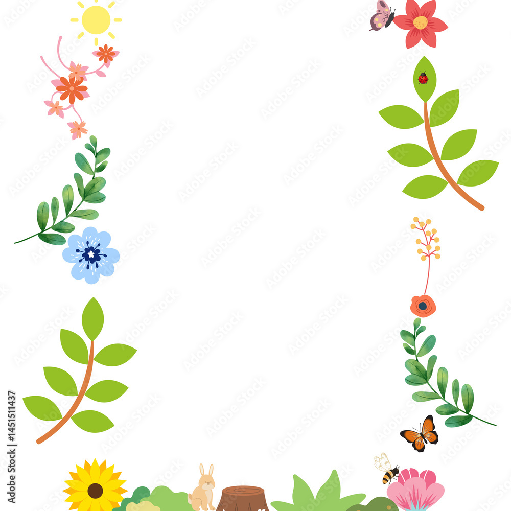 Fototapeta premium Flower Butterfly Garden Blank Page Border in Colorful 