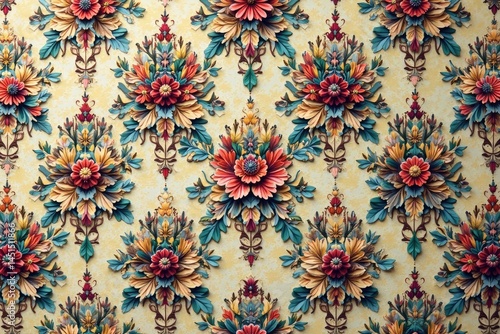 Intricate floral damask pattern in muted tones, seamless, embroidery, elegant